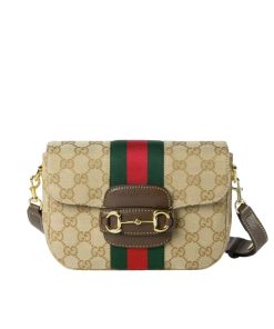 Gucci Dupe Horsebit 1955 Small Shoulder Bag Sand And Brown GG Canvas